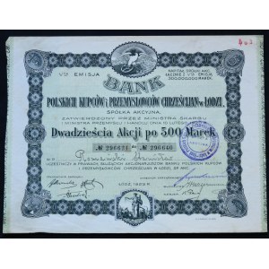Bank Polski Kupców i Przemysłowców Chrześcijanjan w Łodzi, 20 x 500 mkp 1923, emisia V