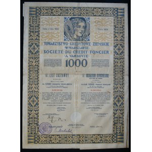 Towarzystwo Kredytowe Ziemskie in Warsaw, 6% mortgage bond 1929, 1,000 French francs