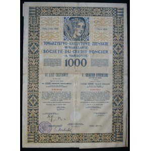 Towarzystwo Kredytowe Ziemskie w Warszawie, 6% Pfandbrief 1929, 1.000 französische Francs