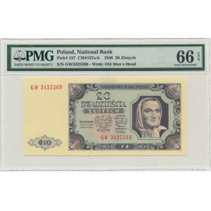 20 zlatých 1948 - GW - PMG 66 EPQ - pruhovaný papír