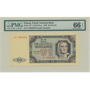 20 zlatých 1948 - GT - PMG 66 EPQ - vrúbkovaný papier