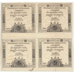 France, uncut sheet of Assginat for 5 Sols 1793 (4pcs)