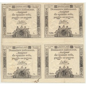 Francja, nierozcięty arkusz czterech asygnat na 5 sols 1793