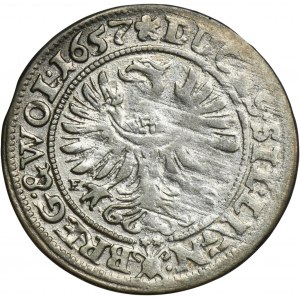 Sliezsko, vojvodstvo Legnicko-Brzesko-Wołowskie, Jerzy III Brzeski, Ludwik IV Legnicki a Chrystian Wołowski, 3 Krajcary Brzeg 1657 EW - chýbajúce W v iniciálach
