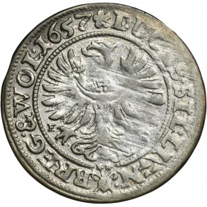 Śląsk, Księstwo Legnicko-Brzesko-Wołowskie, Jerzy III Brzeski, Ludwik IV Legnicki i Chrystian Wołowski, 3 Krajcary Brzeg 1657 EW - niedobite W w inicjałach