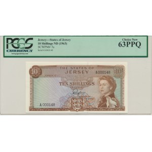 Jersey, 10 šilingov (1963) - PCGS 63 PPQ - nízke číslo -.