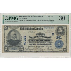USA, Modrá pečať, Massachusetts, 5 USD 1902 - Lyons &amp; Roberts - PMG 30