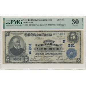 USA, Blue Seal, Massachusetts, 5 dolarów 1902 - Lyons & Roberts - PMG 30