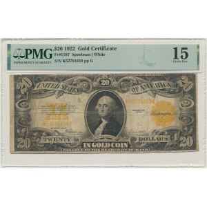 USA, zlatý certifikát, 20 dolarů 1922 - Speelman &amp; White - PMG 15