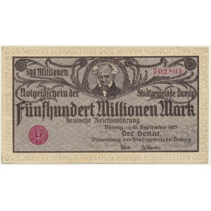 Danzig, 500 Millionen Mark 1923 - grau-violetter Druck - seitenverkehrt