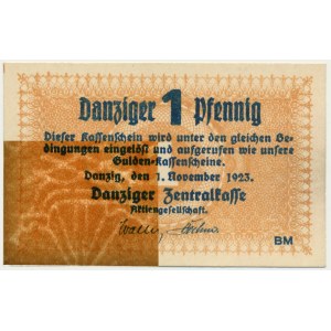 Danzig, 1 fenig 1923 listopad - vodoznak invertovaný Koga - VZÁCNÝ