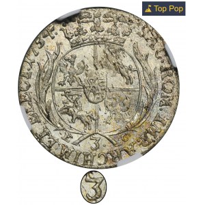 Augustus III Saský, Trojak Lipsko 1754 EC - NGC MS62 - vzácný, ex. Potocki