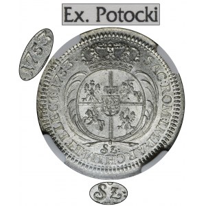 August III Sas, Szóstak Lipsk 1753 - NGC UNC DETAILS - RZADKI, nominał SZ, ex. Potocki