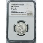 Augustus III Sas, šestipence Lipsko 1753 - NGC UNC DETAILY - Vzácné, nominál SZ, ex. Potocki