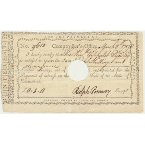 USA, Connecticute, Controller's office promissory note 1790 - Ralph Pomeroy