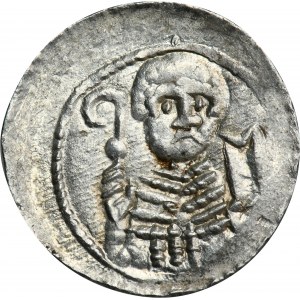 Ladislav II. vyhnanec, denár - kníže a biskup, palisáda a meč