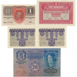 Rakousko, sada 1-20 korun 1913-22 (5 kusů).