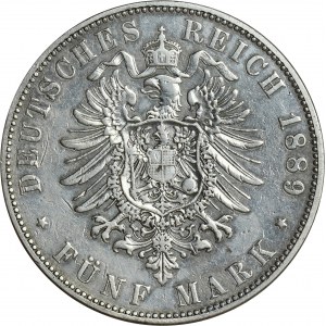 Germany, Saxony, Albert, 5 Mark Muldenhütten 1889 E - RARE