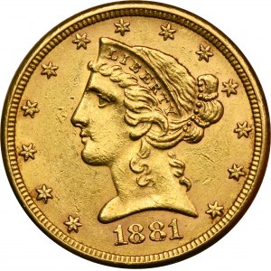 USA, 5 dolarů Philadelphia 1881 - Hlava svobody