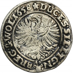 Schlesien, Herzogtum Legnicko-Brzesko-Wołowskie, Jerzy III Brzeski, Ludwik IV Legnicki und Chrystian Wołowski, 3 Krajcary Brzeg 1658 EW - RZADKI