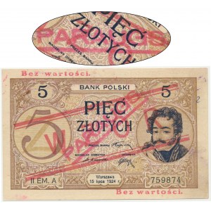 5 złotych 1924 - WZÓR - II EM.A - ze stemplem PARAUGS - NIENOTOWANY