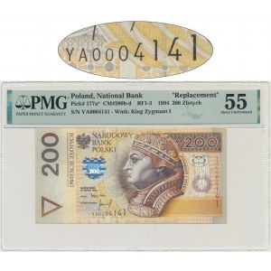 200 złotych 1994 - YA - PMG 55 - rzadka seria zastępcza - niski numer