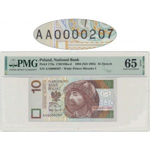 10 złotych 1994 - AA 0000207 - PMG 65 EPQ - niski numer