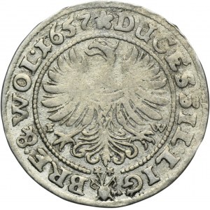 Slezsko, knížectví Legnicko-Brzesko-Wołowskie, Jerzy III Brzeski, Ludwik IV Legnicki a Chrystian Wołowski, 3 Krajcary Brzeg 1657 EW