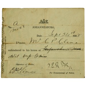 Republika Południowej Afryki, Johannesburg, oficjalna przepustka policyjna 1902