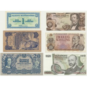 Rakúsko, sada 1-100 šilingov 1944-84 (6 kusov).