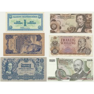 Österreich, Satz von 1-100 Schilling 1944-84 (6 Stück).