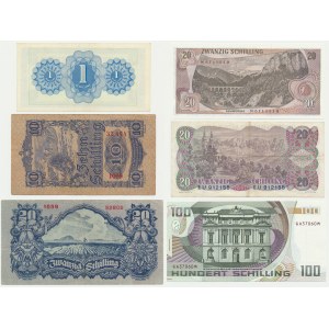 Österreich, Satz von 1-100 Schilling 1944-84 (6 Stück).