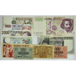 Italien, Satz von 5 Cent - 50.000 Lire 1918-92 (10 Stück).
