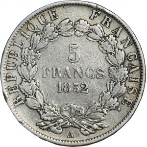 France, Napoleon III, 5 Francs Paris 1852 A