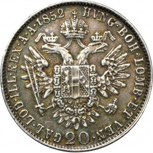 Rakousko, Franz Joseph I, 20 Krajcars Kremnica 1852 B