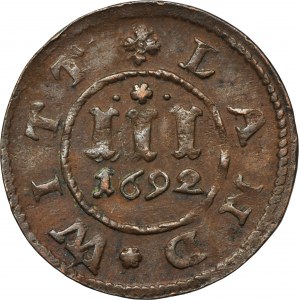 Deutschland, Herzogtum Mecklenburg-Güstrow, Gustav Adolf, 3 Fenigi Rostock 1692