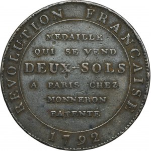 France, Louis XVI, Token, 2 Sols 1792 Monneron