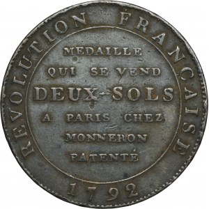 Francie, Ludvík XVI, žeton, 2 soly 1792 Monneron