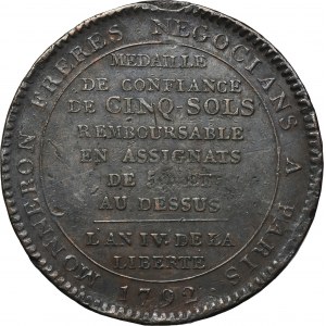 Frankreich, Herrschaft der Konstituante und des Konvents, Wertmarke, 5 Sols 1792 Monneron