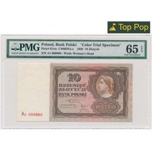 10 zlatých 1928 - DOKONČENÁ ZKOUŠKA - A1 000000 - bronzová verze - PMG 65 EPQ - UNIKÁTNÍ