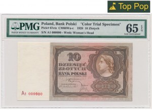 10 złotych 1928 - UKOŃCZONA PRÓBA - A1 000000 - wersja brązowa - PMG 65 EPQ - UNIKAT