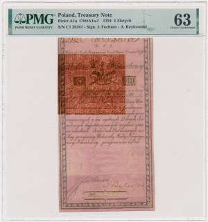 5 złotych 1794 - N. C 1. - PMG 63 - piękny herbowy znak wodny