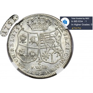 Auguste III Sas, 1/6 Thaler (or) Dresde 1751 FWôF - NGC MS63+ - TRÈS RARE