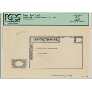 500 złotych 1939 - czarnodruk projektu awersu - PCGS 53 - RZADKOŚĆ
