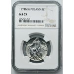 5 złotych 1974 Rybak - na podwójnej TRAWCE - NGC MS65 - RZADKOŚĆ