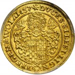 Slezsko, knížectví legnicko-brzesko-wołowské, Jerzy III Brzeski, Ludwik IV Legnicki a Krystian Wołowsko-Oławski, dukát Brzeg 1657 EW - PCGS MS63 - HYBRYDA, VELMI ZRADKÉ