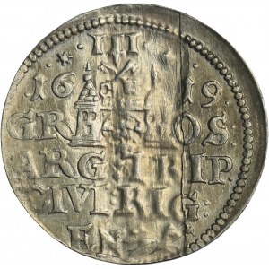 Žigmund III Vasa, Trojak Riga 1619 - ZRARADKO, vejárovitý otvor