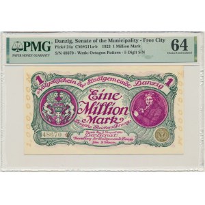 Danzig, 1 milion Mark 08 August 1923 - 5 digital serial number with ❊ rotated - PMG 64
