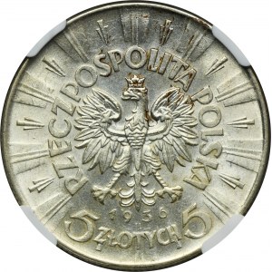 Piłsudski, 5 złotych 1936 - NGC AU55