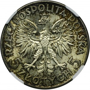 Hlava ženy, 5 zlotých, Varšava 1934 - NGC MS64 - VÝBORNÁ